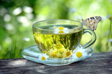 ahşap bir masada papatya çayı fincan. kelebek boyalı bayan bitkisel çay bir fincan oturuyor. bitki çayı. soğuk algınlığı ve grip çare.