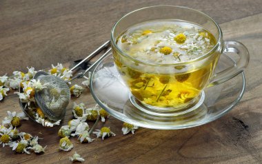 Tahta bir masada bir fincan papatya çayı. Bitki çayı. Soğuk algınlığı ve grip ilacı.