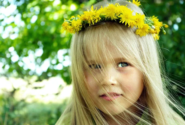 Menina Uma Grinalda Criança Entre Flores Coroa Dente Leão — Fotografia de Stock