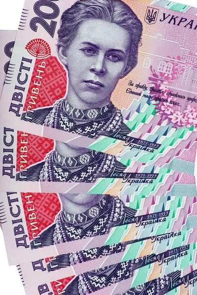 Ukraińskie Pieniądze Banknot Ukraińskich Hrywien Kontekst Dwustu Banknotów Hrywien — Zdjęcie stockowe