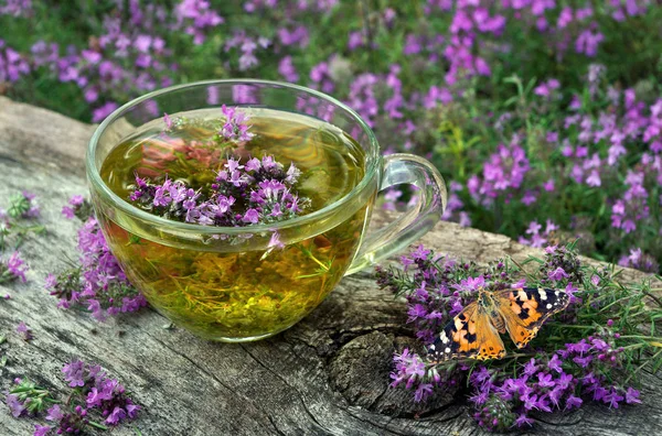 Tazza Tisana Tavolo Legno Timo Menta Camomilla Medicina Alternativa Freddo — Foto Stock