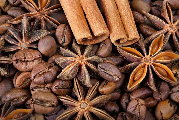 yıldız anason, tarçın ve kavrulmuş kahve çekirdekleri. kavrulmuş kahve ve baharatlar