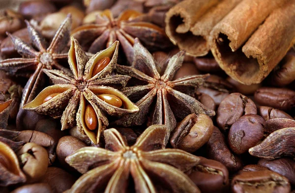 yıldız anason, tarçın ve kavrulmuş kahve çekirdekleri. kavrulmuş kahve ve baharatlar