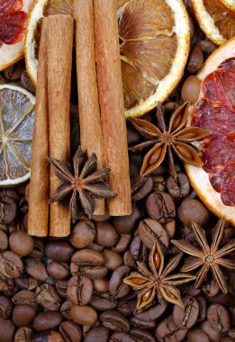 Noel geçmişi. kurutulmuş greyfurt, portakal, yıldız anason, tarçın ve kavrulmuş kahve çekirdekleri. kavrulmuş kahve, kurutulmuş meyve ve baharat doku arka plan.