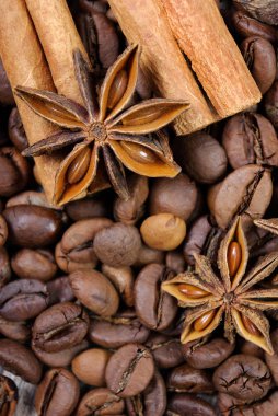 Noel geçmişi. kurutulmuş greyfurt, portakal, yıldız anason, tarçın ve kavrulmuş kahve çekirdekleri. kavrulmuş kahve, kurutulmuş meyve ve baharat doku arka plan.