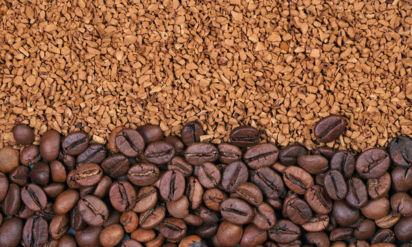 Instant coffee texture background copy spaces. roasted coffee bean