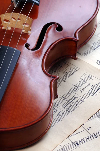 beautiful vintage violin with bow on a background of sheet music