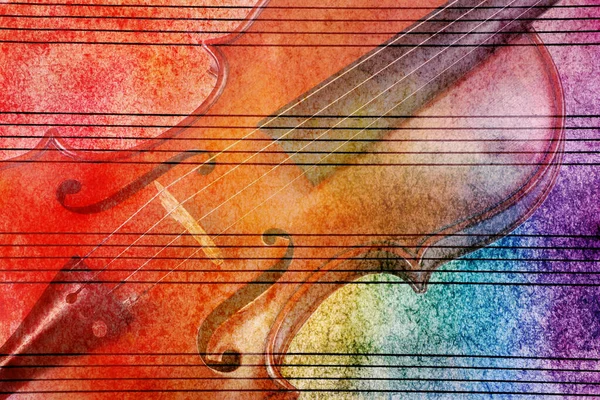 Винтажный Скрипичный Фон Концепция Мелодии Старый Нотный Лист Красочной Акварельной — стоковое фото