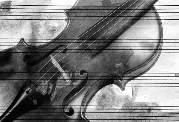 Violon Vintage Sur Fond Partitions Noir Blanc — Photo