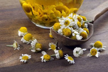 Tahta kaşıkta papatya çiçeği ve bir fincan papatya çayı. yaz bitkisel çayı