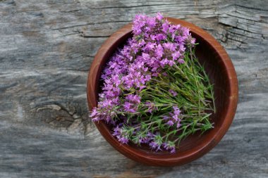 Yaz şifalı bitkiler. Tahta bir masada taze kekik çiçekleri