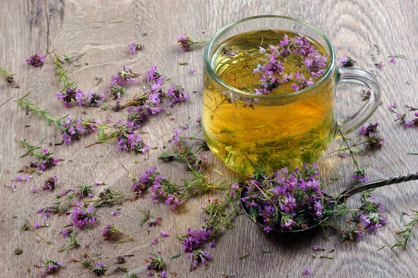 Nyári Gyógynövények Kakukkfű Tea Egy Asztalon Friss Kakukkfű Virágok Egy — Stock Fotó
