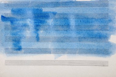 Mavi suluboya boya ile eski müzik sayfası. Blues müzik konsepti. Soyut mavi suluboya arka plan. Boşluğu kopyala