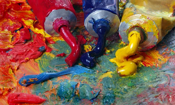 Tubes Art Oil Paint Palette Colorful Art Paints Close — Stock Photo, Image