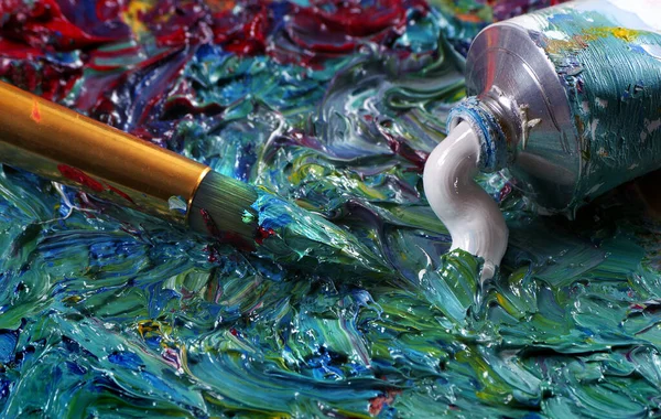 Tubo Con Pittura Olio Arte Bianca Pennello Una Tavolozza Pitture — Foto Stock