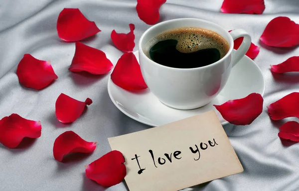 Romantic Coffee Note Love You Cup Coffee Red Rose Petals — Stock Photo, Image