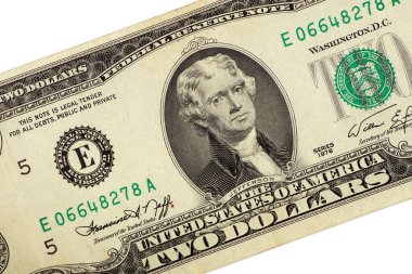 1976 'da bir beyaza iki dolarlık banknot basılmış. Kapat. en üstteki görünüm