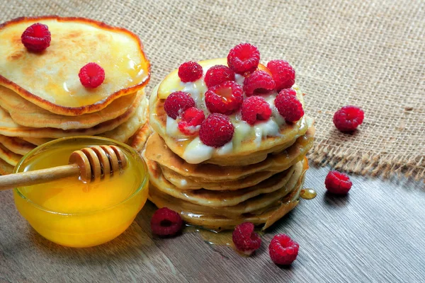 Pancakes Raspberries Honey Wooden Table — Stock Photo, Image