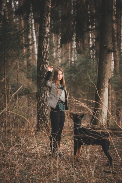 Junges Mädchen Spielt Mit Dobermann Hund Wald — Stockfoto