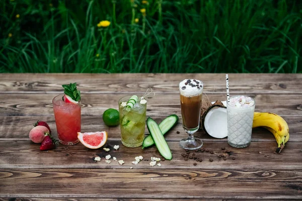 Summer Cocktails Fruits Wooden Table — Stock Photo, Image