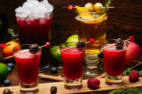 Raspberry Shot Cocktails Fir Cones Wooden Desk Table Restaurant — Stock Photo, Image