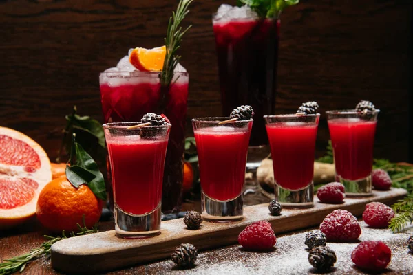 Raspberry Shot Cocktails Fir Cones Wooden Desk Table Restaurant — Stock Photo, Image