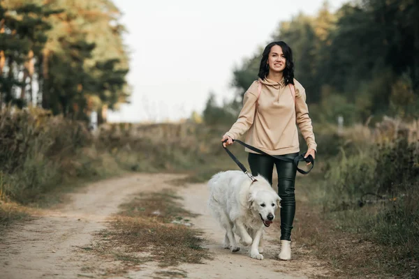 Flicka Med Golden Retriever Hund Promenader Skogsstig — Stockfoto