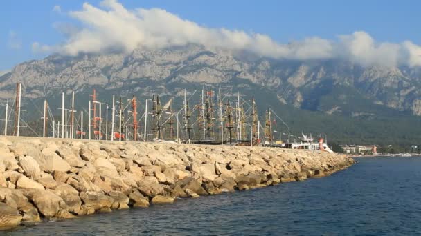 Pier Met Jachten Schepen Kemer Turkije — Stockvideo