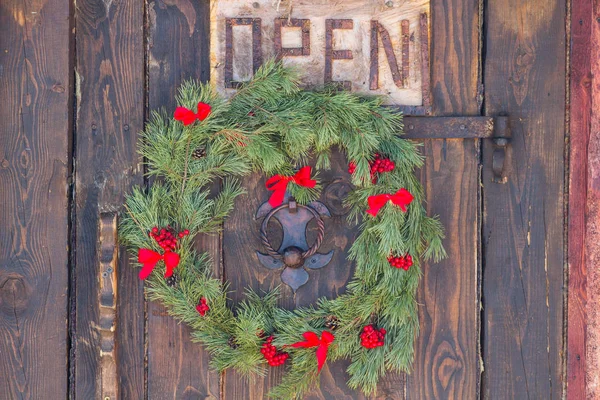 Christmas Wreath Made Ribbons Pine Viburnum Hanging Door — Stock Photo, Image