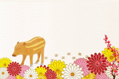 yaban domuzu yeni yıl kartı krizantem arka plan