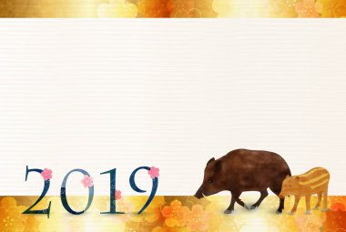 Yaban domuzu yeni yıl kartı Japon Kağıt arka plan