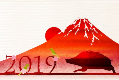 yaban domuzu yeni yıl kartı Fuji arka plan