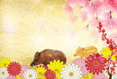 Yaban domuzu yeni yıl kartı Japon Kağıt arka plan