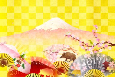 yaban domuzu yeni yıl kartı Fuji arka plan