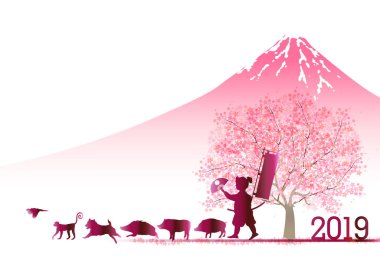 yaban domuzu yeni yıl kartı Fuji arka plan