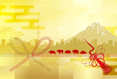 yaban domuzu yeni yıl kartı Fuji arka plan