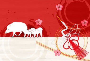 Yaban domuzu yeni yıl kartı Japon Kağıt arka plan