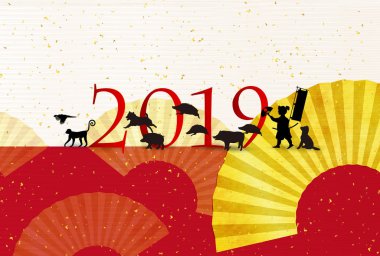 Yaban domuzu yeni yıl kartı Japon Kağıt arka plan