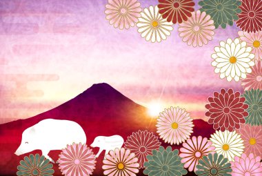 yaban domuzu yeni yıl kartı Fuji arka plan