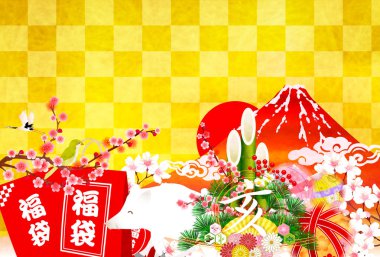 yaban domuzu yeni yıl kartı Fuji arka plan