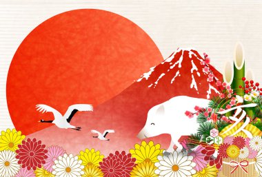 yaban domuzu yeni yıl kartı Fuji arka plan