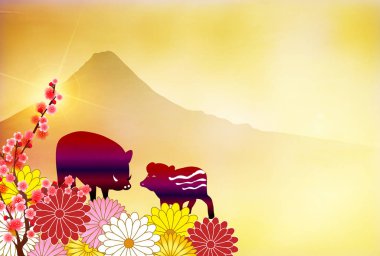 yaban domuzu yeni yıl kartı Fuji arka plan