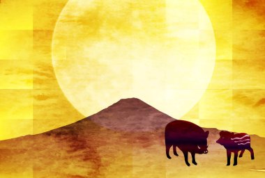 yaban domuzu yeni yıl kartı Fuji arka plan