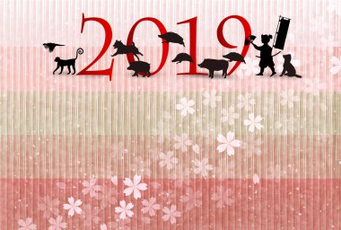 Yaban domuzu yeni yıl kartı Japon Kağıt arka plan