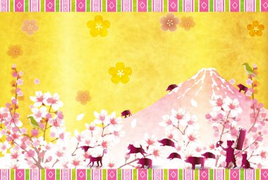 yaban domuzu yeni yıl kartı Fuji arka plan