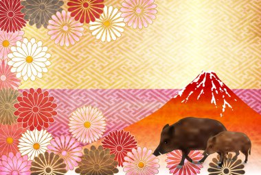 yaban domuzu yeni yıl kartı Fuji arka plan