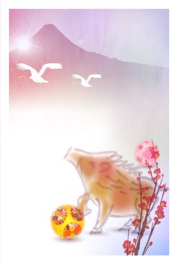 yaban domuzu yeni yıl kartı Fuji arka plan