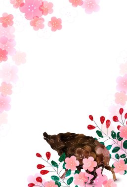 Yaban domuzu yeni yıl kartı Japon Kağıt arka plan