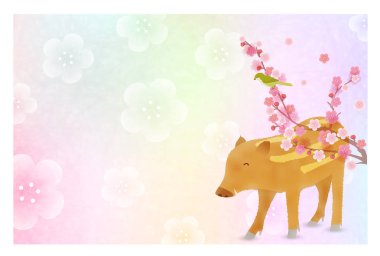 Yaban domuzu yeni yıl kartı Japon Kağıt arka plan