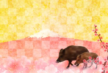 yaban domuzu yeni yıl kartı Fuji arka plan